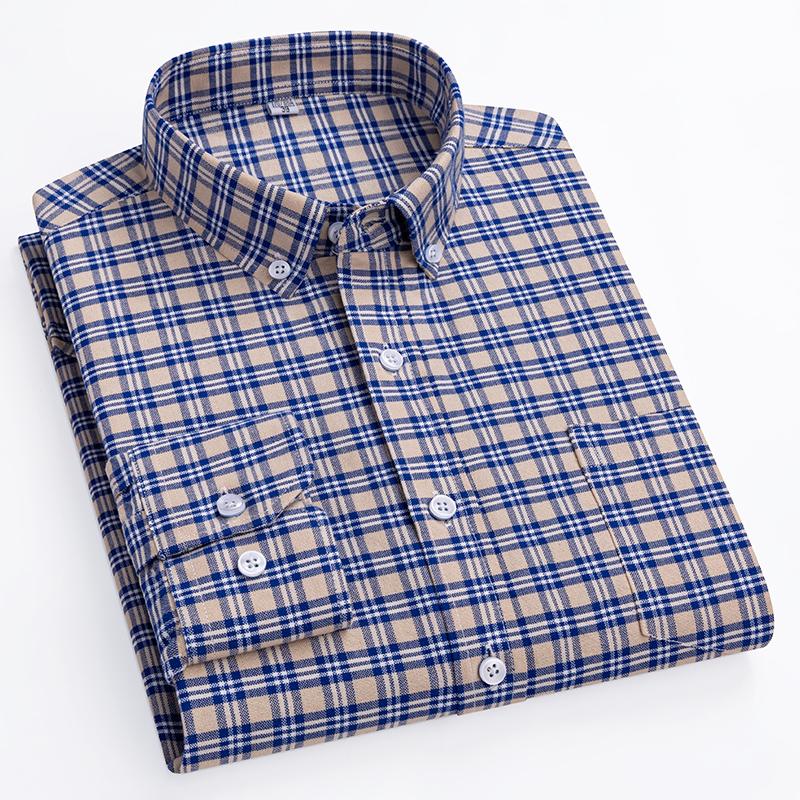 Koszule męskie Oxford z czystej bawełny, z długim rękawem, łatwe w pielęgnacji, z kołnierzykiem zapinanym na guziki, klasyczne, męskie, w kratę, regularny krój, zima, wiosna