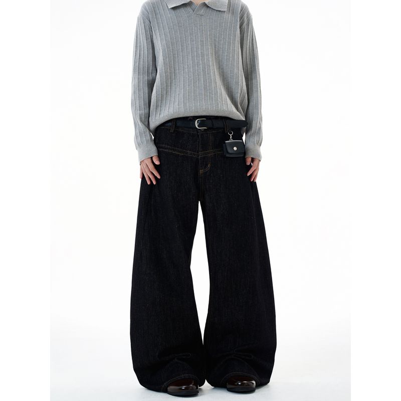 Kisko American Retro Denim Black Wide-Leg Washed Jeans Unisex Trendy Loose Versatile Scimitar Pants