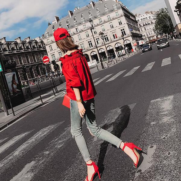 Sladká Halenka s Odkrytými Rameny Roztomilé Červené Volánové Topy Dámské Jaro Léto Podzim Velká Velikost Ležérní Topy Streetwear