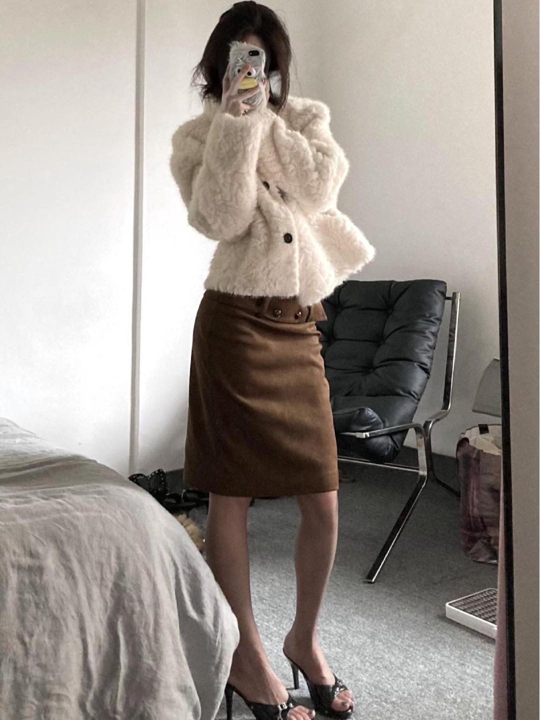American Retro High-Waisted Elegant Slit Skirt for Women - Autumn/Winter Slimming Fashion Small коричневый