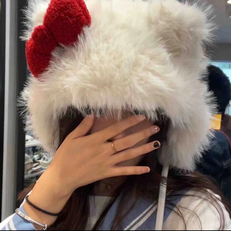 Cat Ear Cap For Cold Weather Bowknot Plush Hat For Girls Furry Women Windproof Ear Flap Hat Outdoor Activity Casual Hats