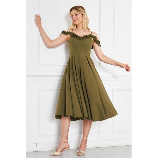 Women's Adjustable Strap Ruffle Detailed Collar Pleated Flared Midi Evening Dress