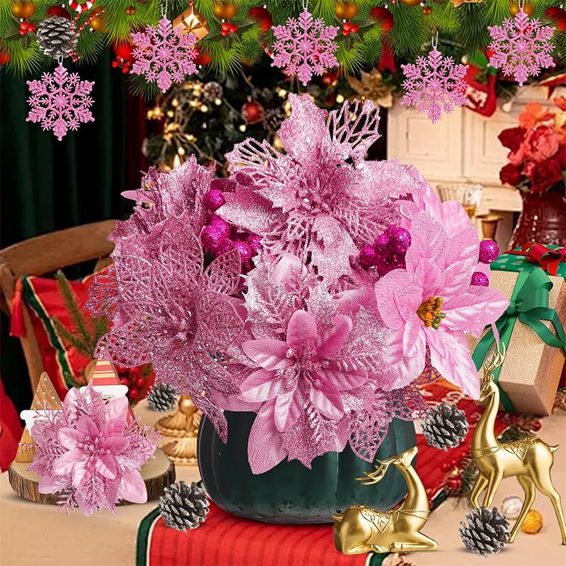 1 Set 11/13/14cm Rosa Künstliche Glitzer Weihnachtsblumen Weihnachtsbaum Kranz Hängende Ornamente Heimparty Neujahrsdeko Navidad