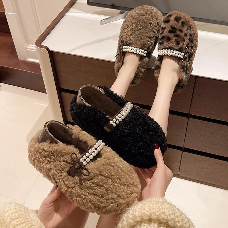 Leopard print fluffy shoes women's autumn and winter new velvet warm beanie shoes women's shoes cotton shoes
