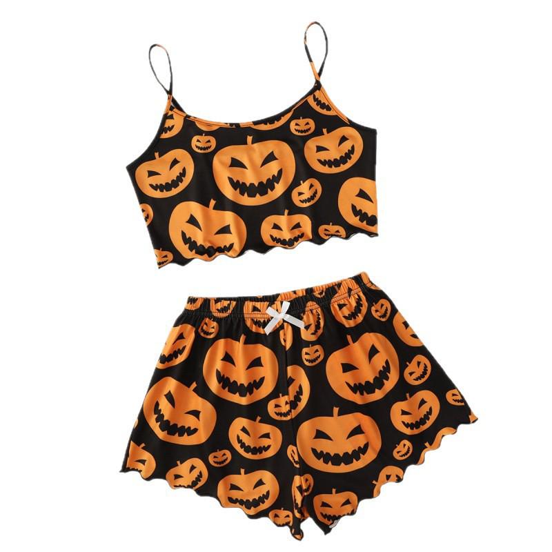 Women's Christmas Sleeveless Pumpkin Print Camisole Pajama Set