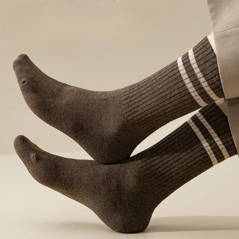 Men's Spring and Autumn Vintage Pure Cotton College-style Long Socks, Versatile Double-bar Mid-calf Socks for Autumn and Winter