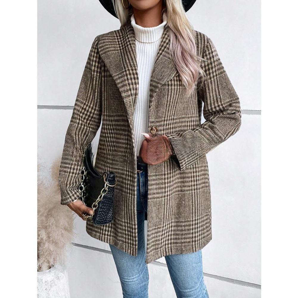 Women's Lapel Long Sleeve Wool Coat Slim Fit Plaid Pattern Commuter Single Button Mid Length Blazer Coat