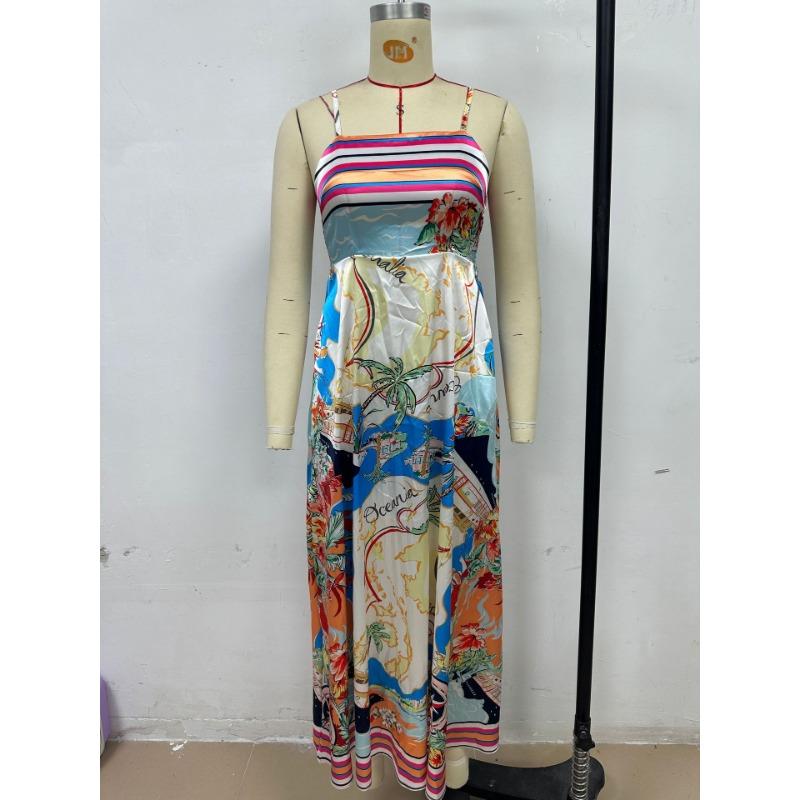 Letní dámské šaty s vysokým pasem, potiskem a halterovým stylem