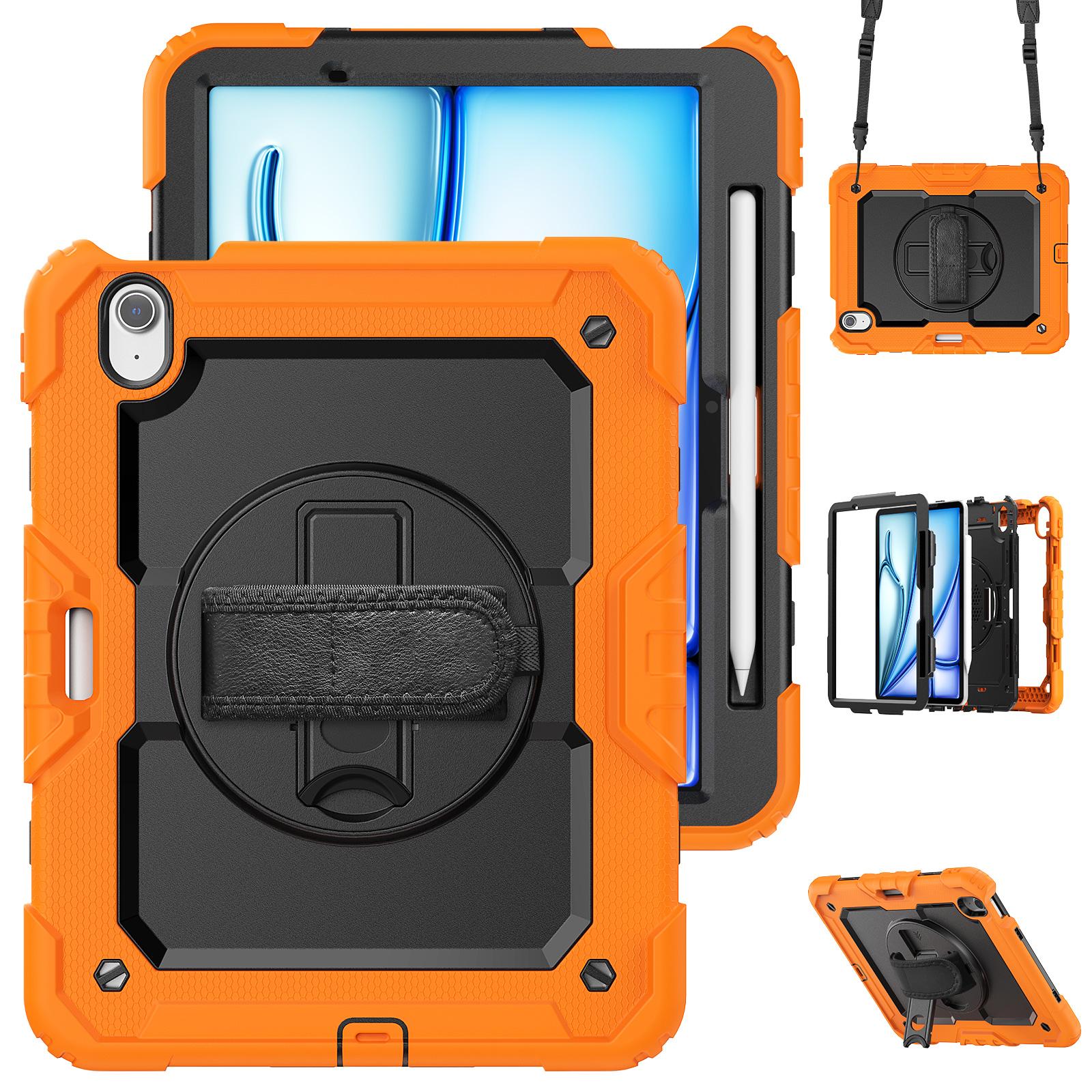 

For iPad Air 11 (2025)/(2024) Case Rotating Kickstand PC+Silicone Tablet Cover with Screen Film/Shoulder Strap Orange