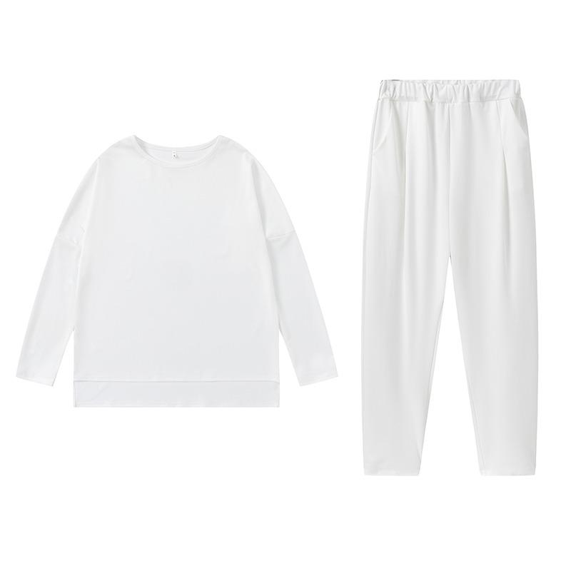 Modisches Rundhals-Langarm-Freizeithemd Zweiteiliges lockeres Hosenset Herbst Einfarbig Übergröße Hosen mit Taschen Hosenanzug Damenbekleidung 1846