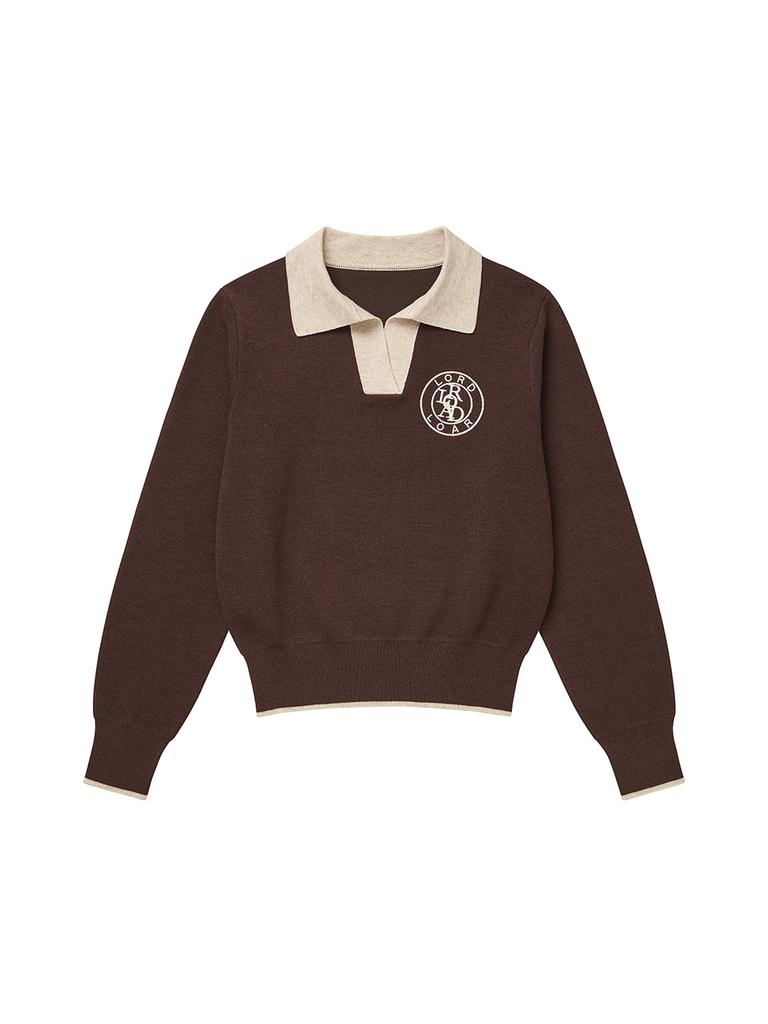 LORDLOAR Signature Color-Block Collar Long Sleeve Knit Brown
