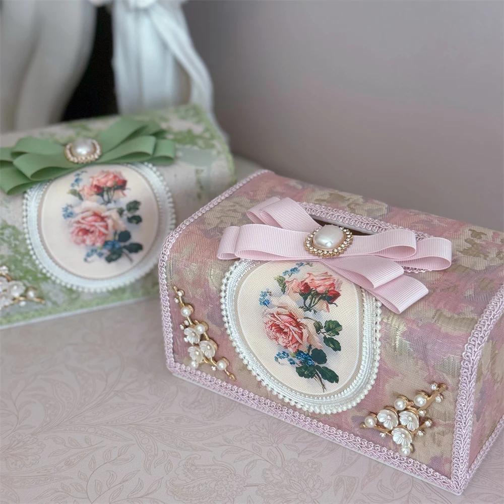 Korean Romantic Tissue Box Oil Painting Style Lace Tissue Box Pearl Bow Fabric Household Car Paper Box Pink Green Brown