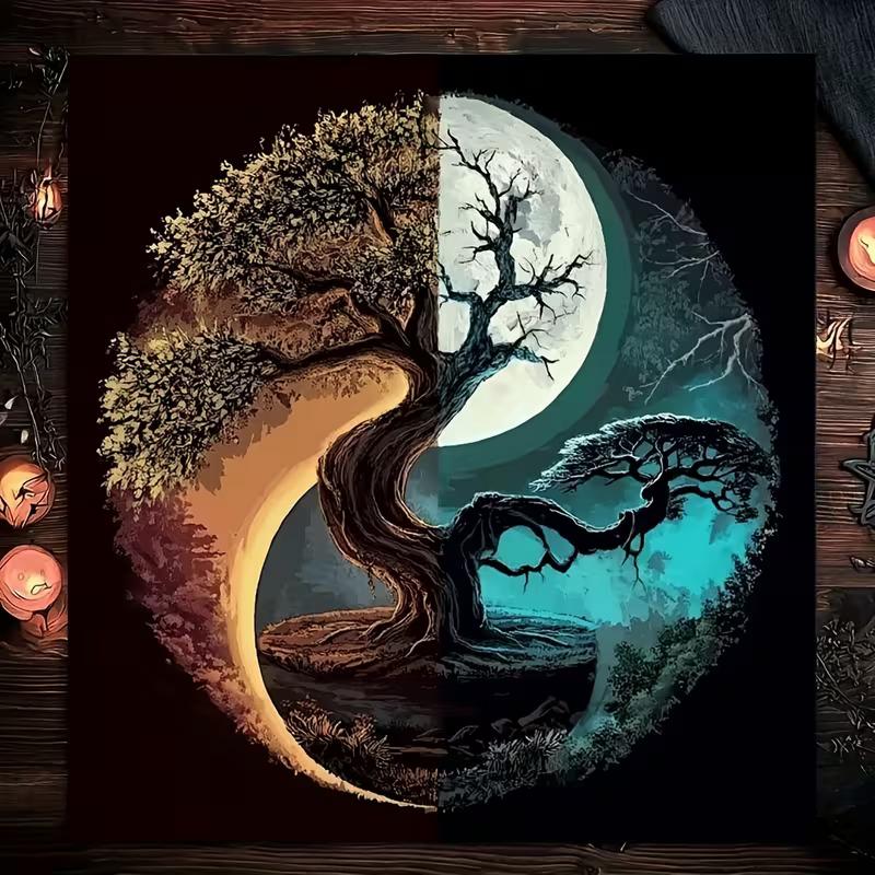 2D Boho Wall Hanging - Yin Yang Life Tree with Moonlight & Sunlight Background Cloth