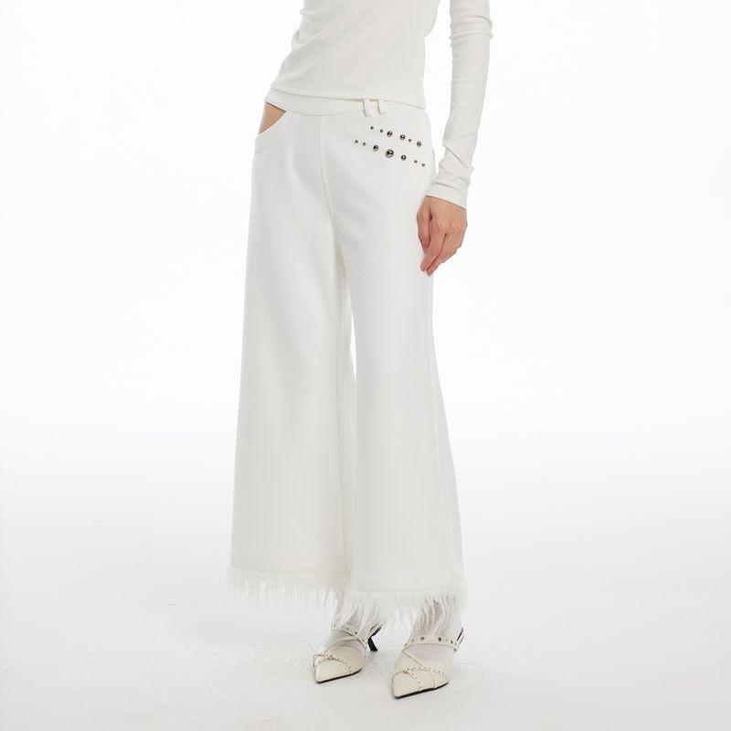 

Thelight Fall and Winter Cropped Fur Pants Women s White Hollow-out Hot Bead Low Waist Straight-leg Loose Pants Fur Edge White L
