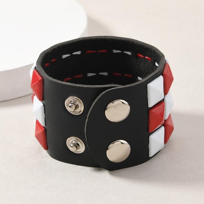 Comfort Fit Adjustable Bracelet Three Row Square Studs Punk Design Soft Leather for Stylish Daily Fashion
