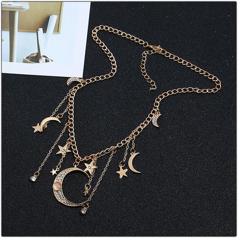 Star Moon Tassel Pendant Necklace - Inlaid Diamond Choker Clavicle Chain