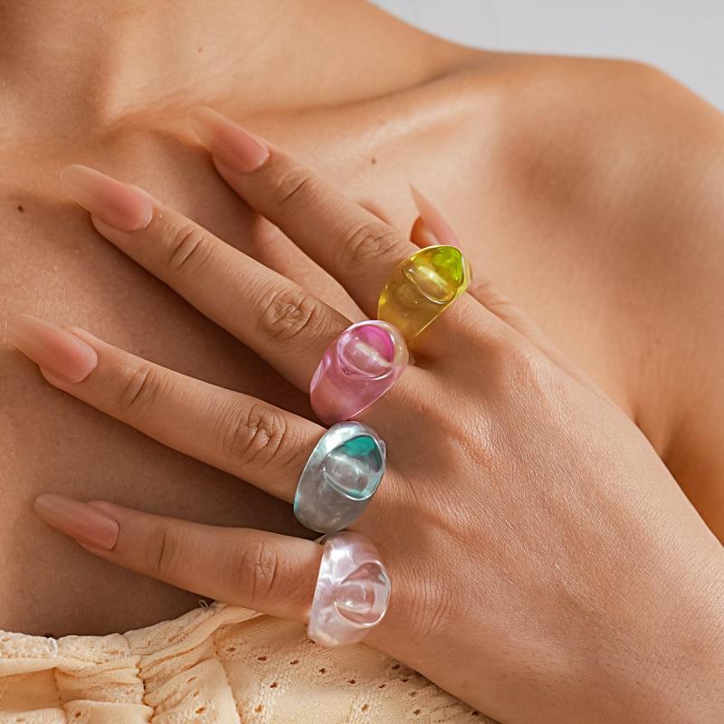 4Pcs/Set Korean Colorful Resin Oval Rings Set For Women Fashion Geometric Finger Rings Aesthetic Jewelry Accessories