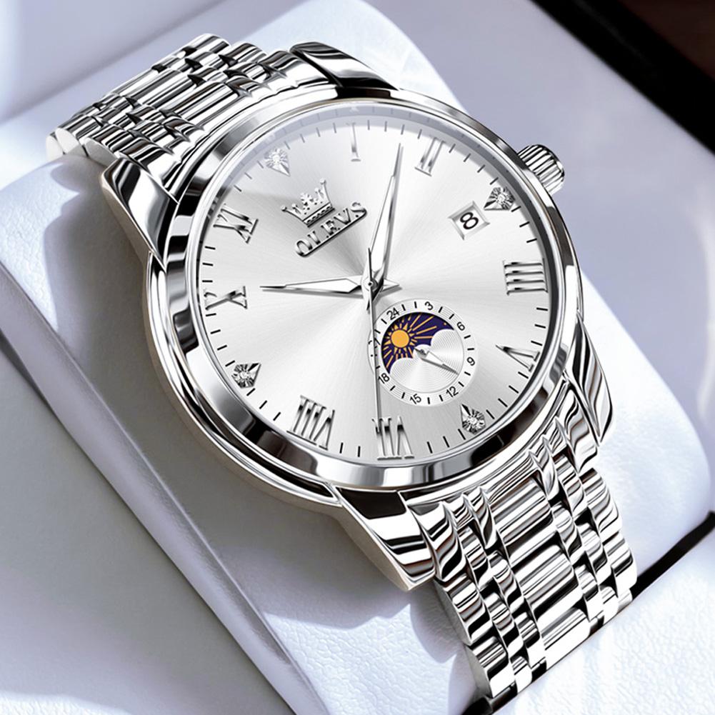 OLEVS 3656 Brand Men's Watches Fashion Original Quartz Watch for Man Waterproof Stainless Steel Luminous Wristwatch Moon Phase