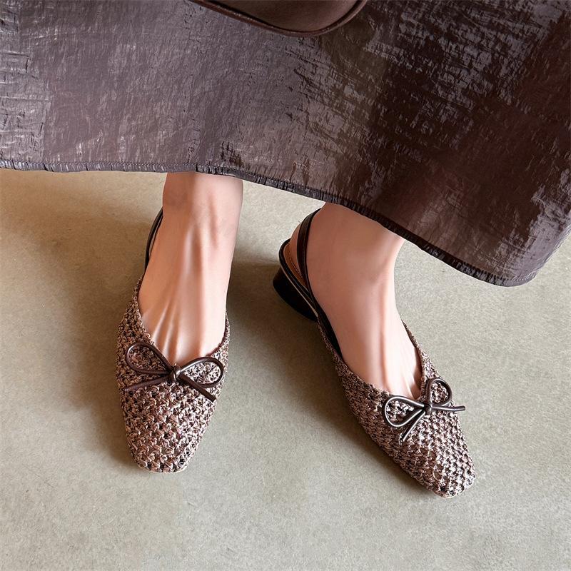 Fashion Woven Bow Back Strap Design Sandals Women's 2025 Summer New Square Head Shallow Mouth Single Shoe Comfortable Elegant Cool Pumps