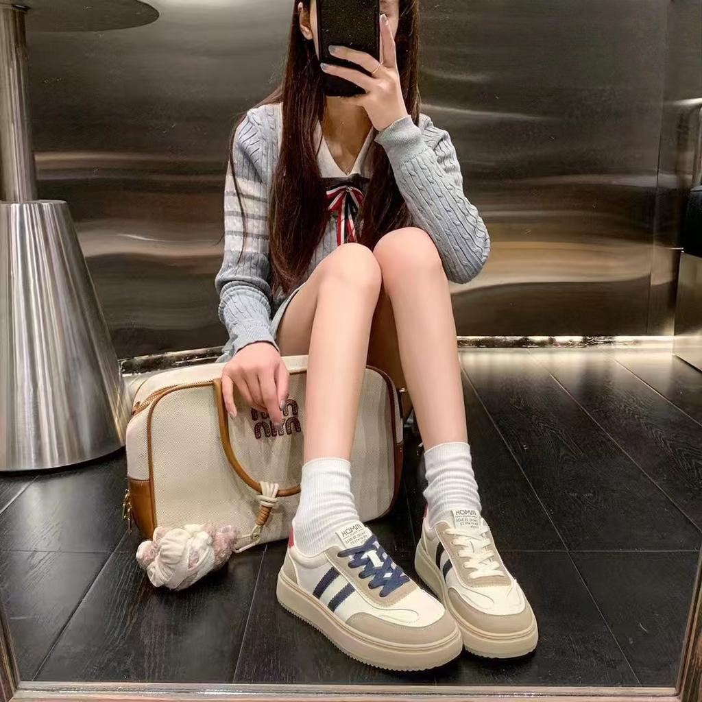 Retro Contrasting Color Splicing Platform Women's New Comfortable and Lightweight Round Head Lace-up Casual Board Shoes