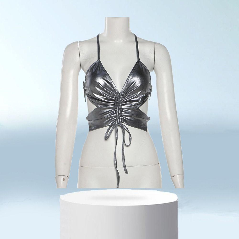 

Glossy Punk Butterfly Vest Slim fit Neck Halter Top Harajuku Y2K Slim Crop Tops Streetwear M срібний