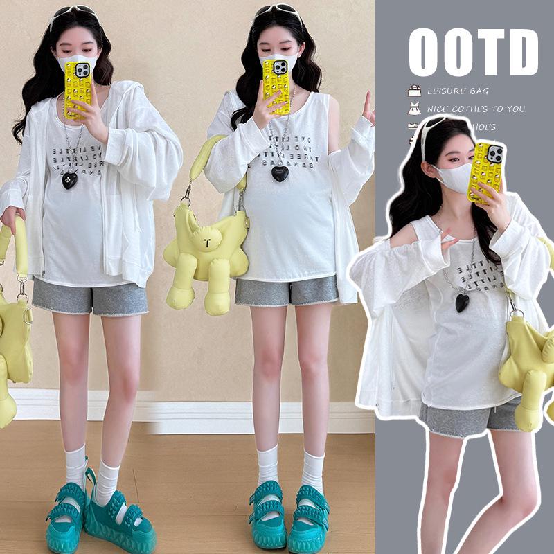 2026 Summer Maternity Casual Three-Piece Set: Sun Protection Top, Loose Vest T-shirt, Maternity Shorts XL