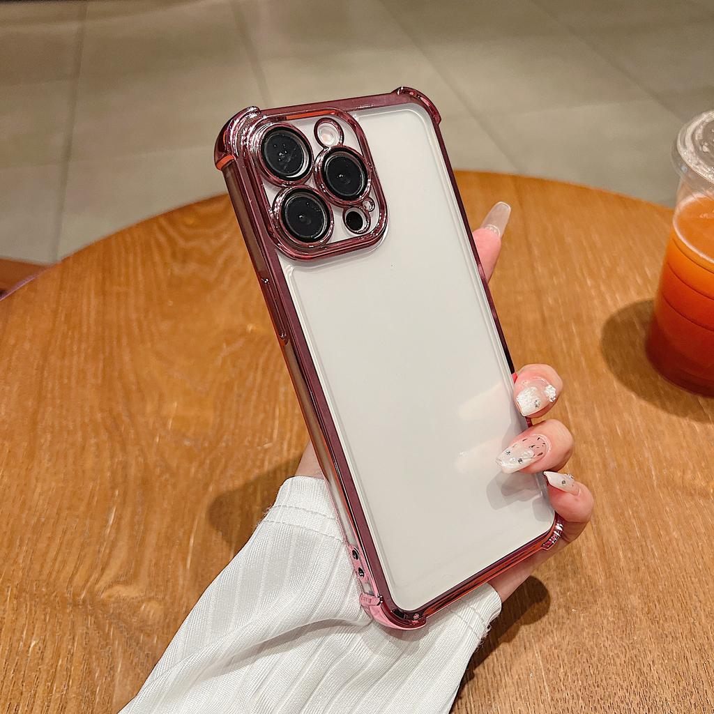 Applicable to iPhone16 electroplated four-corner anti-drop mobile phone case Apple 15promax simple transparent lens film soft cover