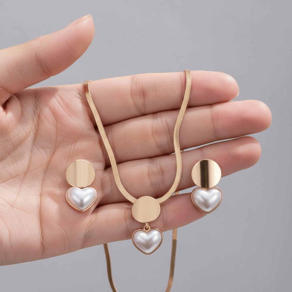 Elegant Heart Shaped Jewelry Set Gold Color Snake Bone Chain Imitation Pearl Earrings Circular Minimalist Design