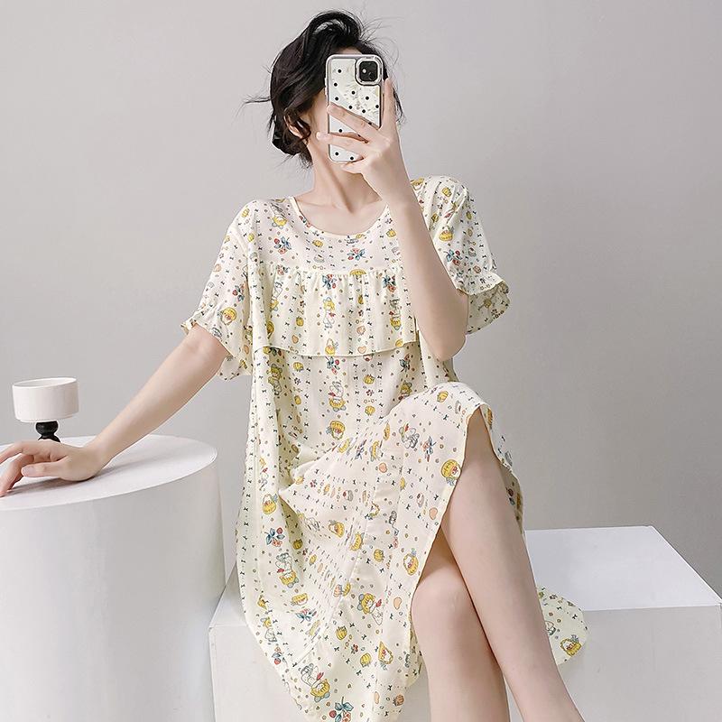 Sexy Nachtwäsche Damen Spitze Viskose Nachtkleid Kurzarm Cartoon Nachthemden Mädchen Nachthemd Einheitsgröße Nachthemd Mädchen Nachtwäsche