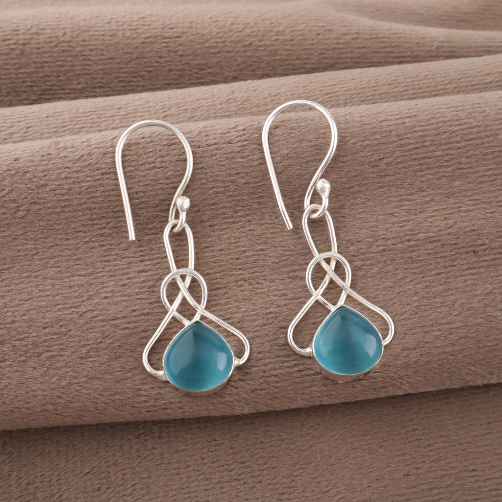 Blue Cat's Eye Gemstone Earrings, 925 Sterling Silver Earrings Jewelry, Handmade Jewelry Earrings, Balancing Jewelry Gift For Women
