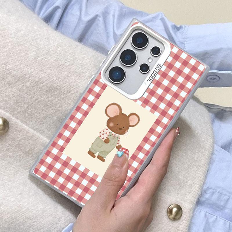 For Samsung Galaxy S24 S23 Ultra Plus FE S25 S22 Ultra Plus S21 FE Laser Phone Case Checkered Grid Cute Animals Pattern Covers