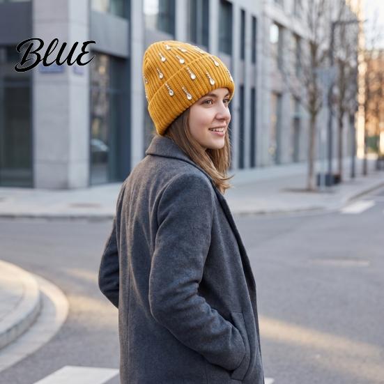 Holiday Gift for Women Waterdrop Rhinestone Knit Hat, Bling Stretchy Winter Cuffed Knitted Stylish Hat Skull Cap Men Cold Weather Daily Wear