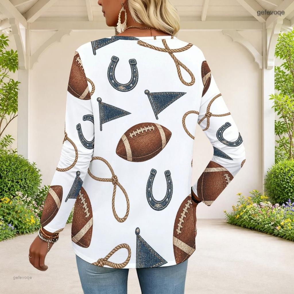 Women Plus Size Half Zip Round Neck Long Sleeve White Football Printed T Shirt