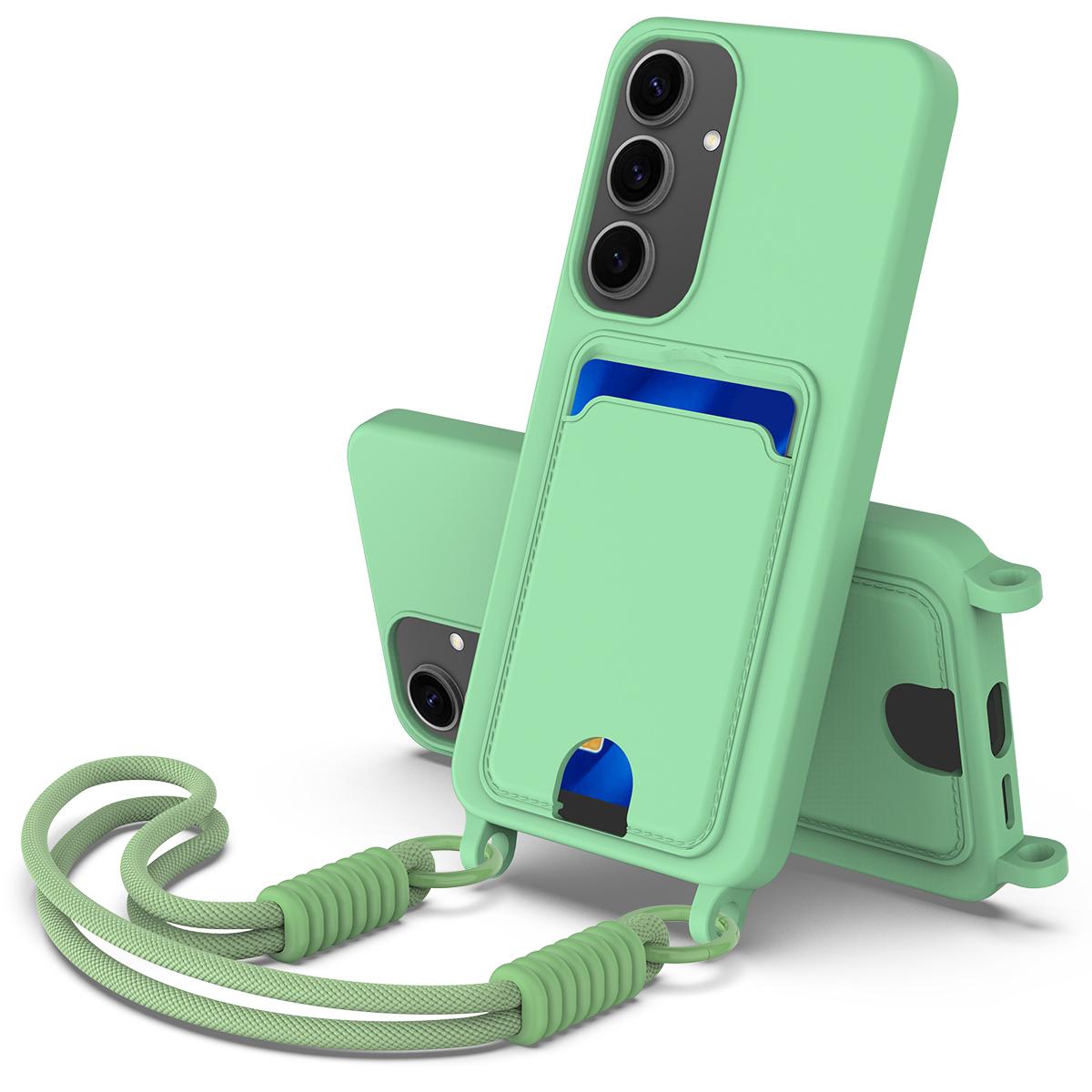 

For Samsung Galaxy S24 Case Liquid Silicone Card Holder Phone Back Cover with Short Strap Green