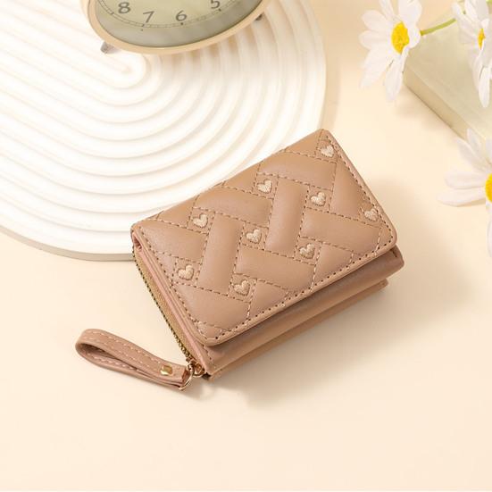 Women Stylish Tri-Fold Wallet Embroidered Heart Cash Wallet Mini Card Holder Wallet with Zippered Coin Pocket for Dating Shopping