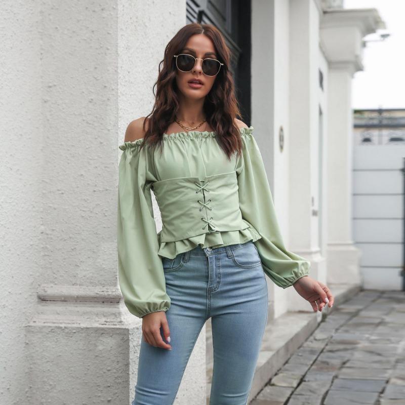 Off Shoulder Hot Style Front Straps Women Blouse Long Sleeve Slim Waist Pleated Short Top Elegant Casual Shirt New Solid Color Ruffled Clothng