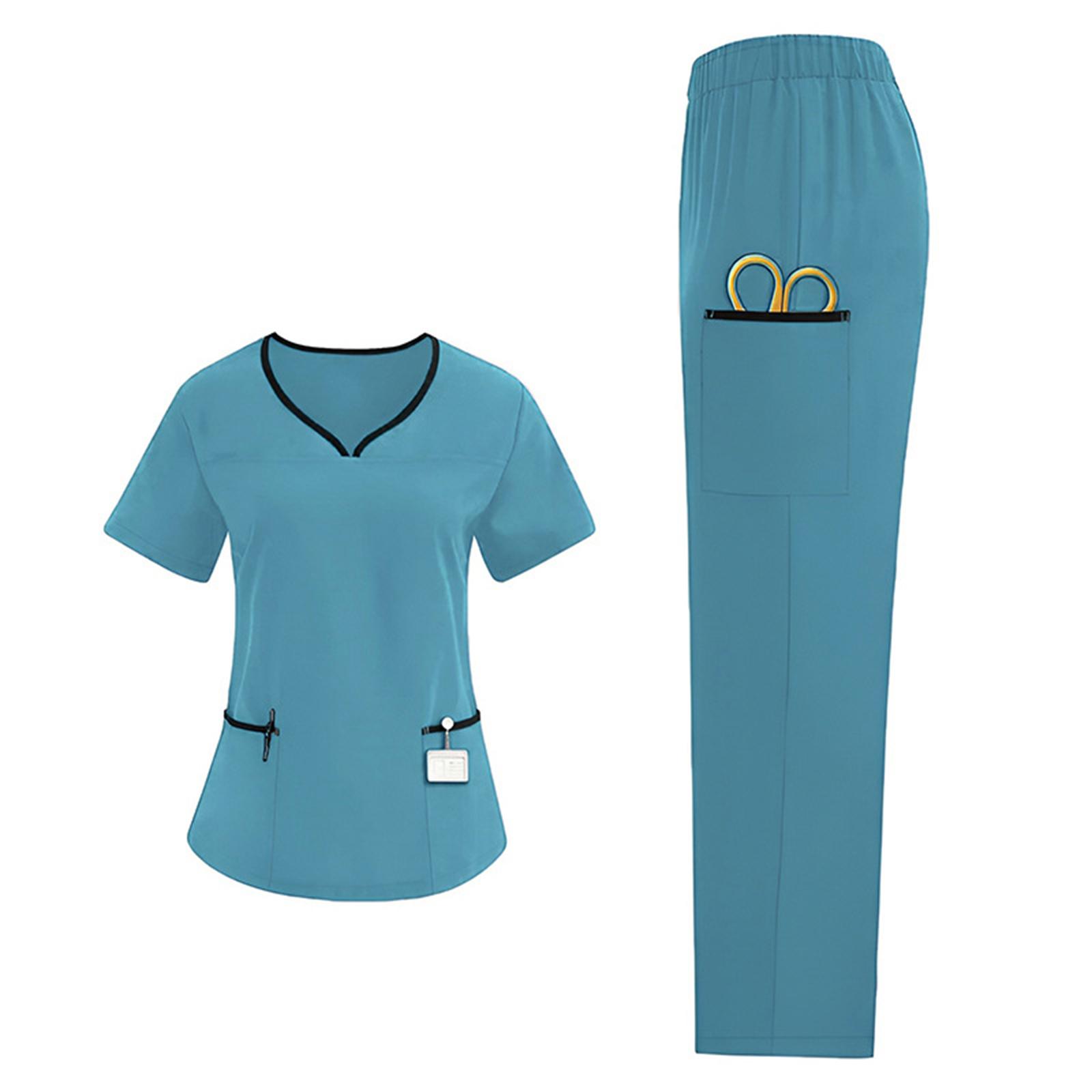 

Женский свободный и удобный рабочий костюм с V-образным вырезом и короткими рукавами, с несколькими карманами L синий