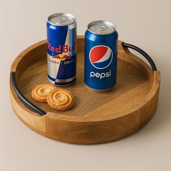 Round Wooden Serving Tray 25.4 cm Brown Wood Platter with Handles Rustic Decorative Tray for Coffee Table, Kitchen, Dining