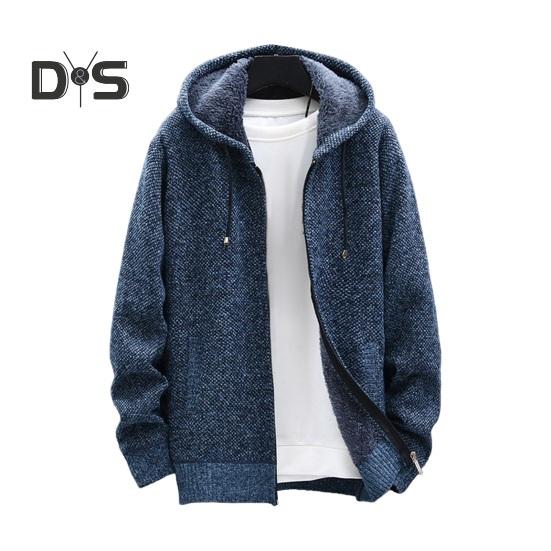 Winter Men Jacket Thickened Fleece Hooded Drawstring Zip-up Long Sleeves Sweater Coat Pockets Elastic Cuff Retro Knitted Daily Wear Outerwear Jacket
