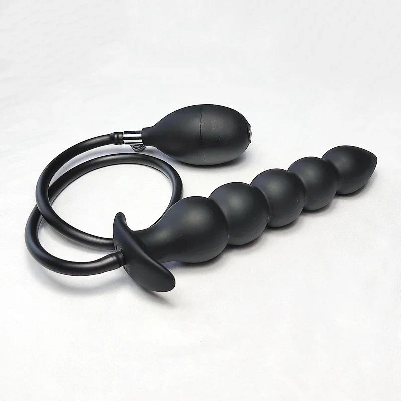 Super Long 5 Beads Inflatable Anal Plug Silicone Column Expandable Big Butt Plug Dildo Pump Ass Dilator Bdsm Sex Toy for Couples