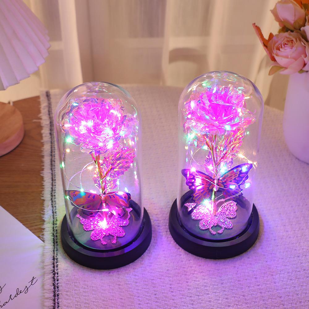 Butterfly Water Brick Gold Foil Flower with Lamp Glass Cover, Bedroom Rose Night Light Ornament, Valentine's Day and Mother's Day Gift.