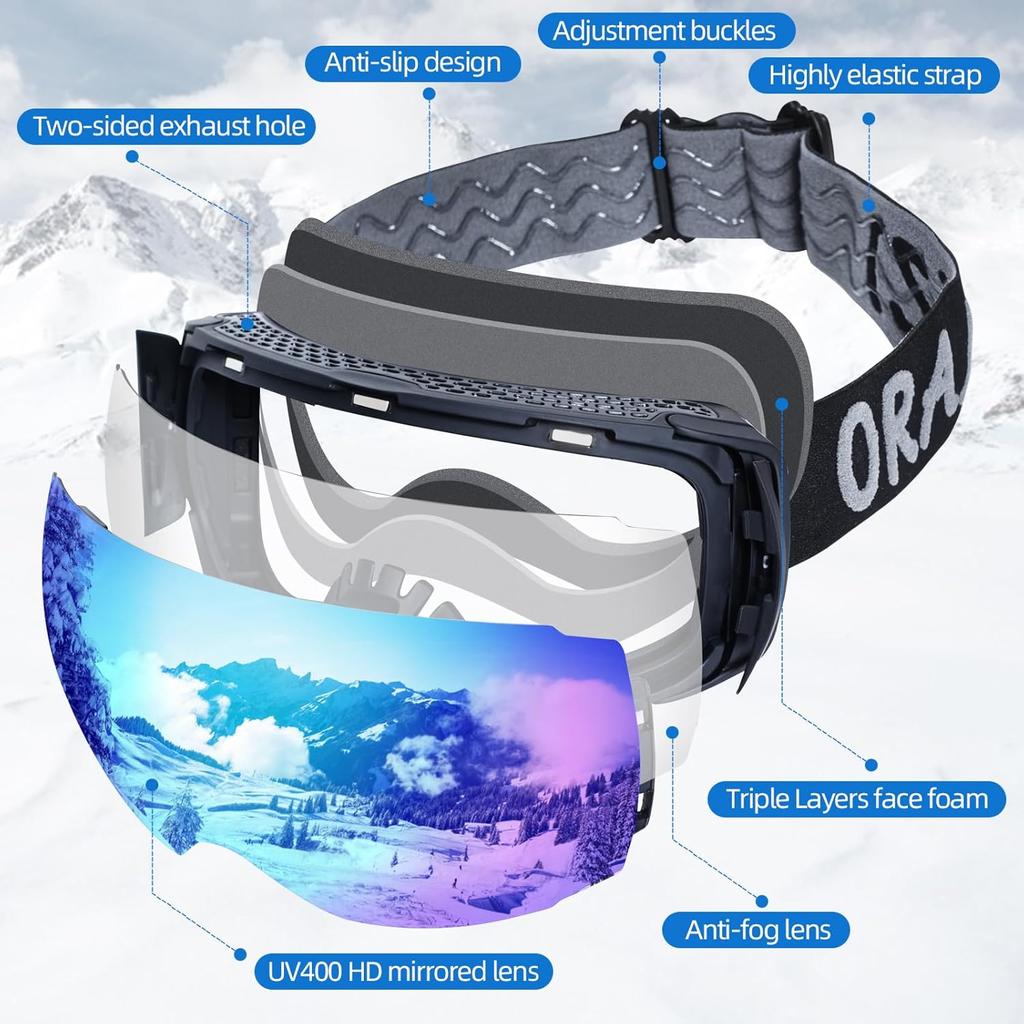 Ski Goggles Men Women OTG Anti-Fog/Scratch 100% UV-Magnetic Lens-Snowboard Snow Goggles for Men & Women