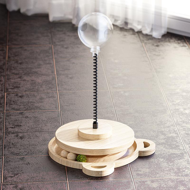 Solid Wood Spring Rotating Catnip Ball Set Cat Leaking Food Ball Pet Toy Cat Teasing Stick Bear head hole