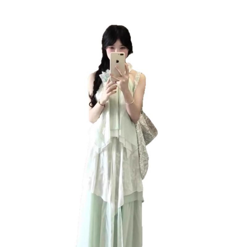 French Sweet Style Sleeveless Neck Dress Temperament Slimming Lace Splicing Flower Long Women