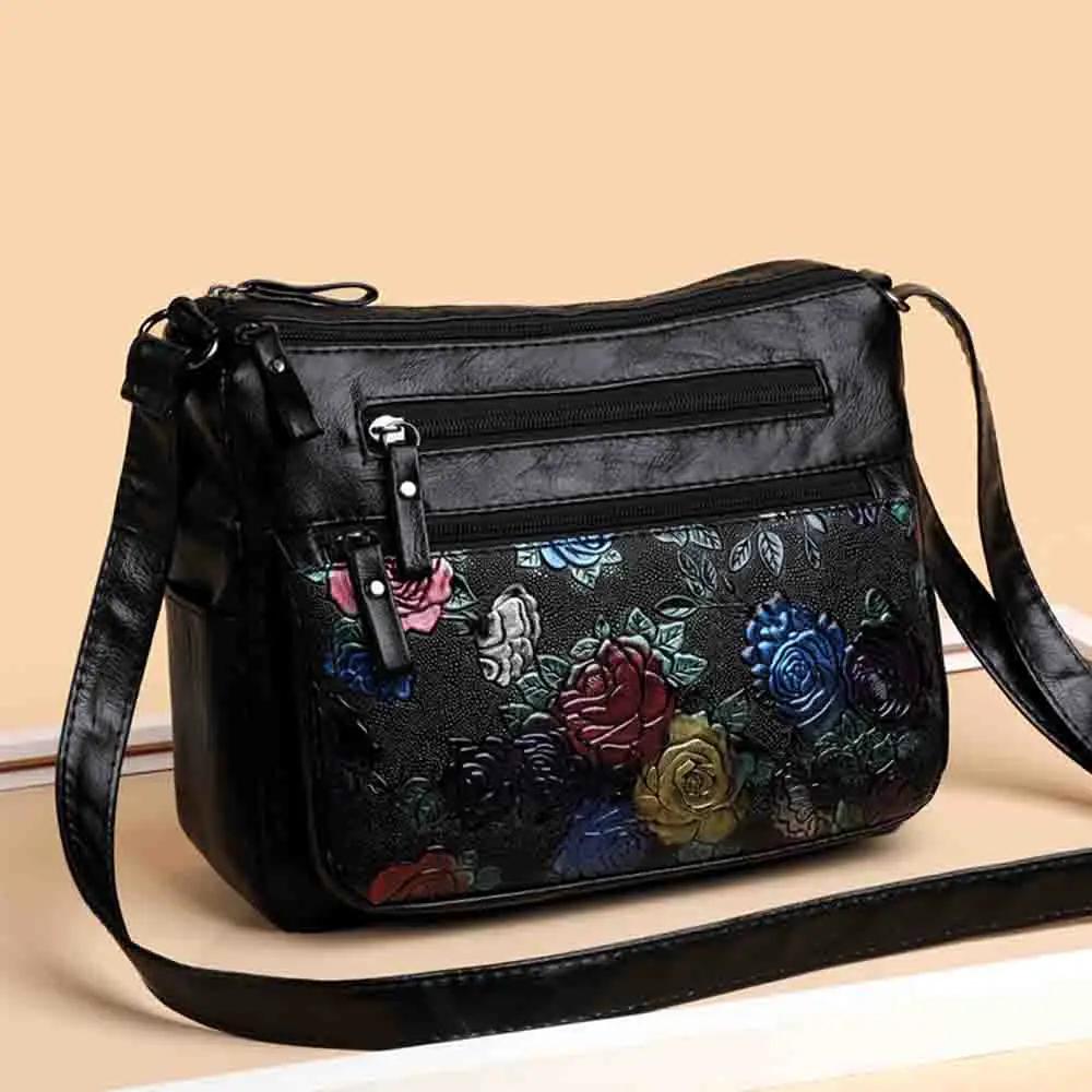 Luxury Soft Leather Women Messenger Shoulder Handbags and Purses Flowers Multi-pocket Crossbody Mommy Bag Ladies Sac