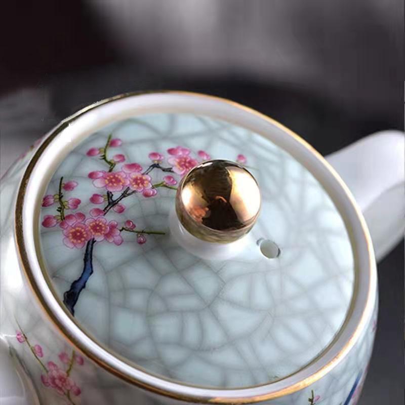Large Ceramic Teapot Set with Hand Painted Flowers Home Tea Brewing Kungfu Tea Kit with Handle