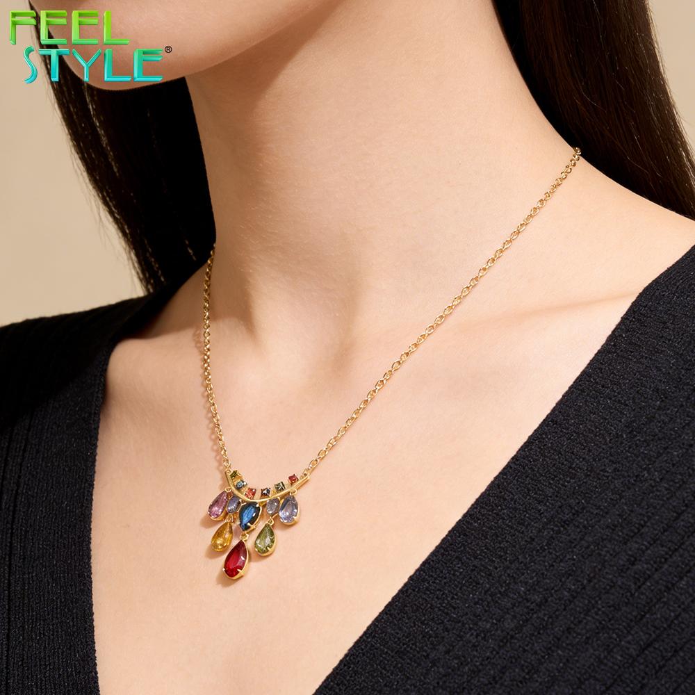 Rainbow Color Pear Cut Zircon Pendant Necklace Gold PVD 316 Stainless Steel Oval Link Chain Waterdrop Pendant Statement Necklace