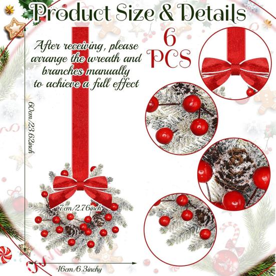 Mini vánoční věnec s červenou sametovou mašlí Dekorace na dvířka skříňky pro kuchyňské okno Selský dům Vchodové dveře Zeď Krb Bobulová girlanda