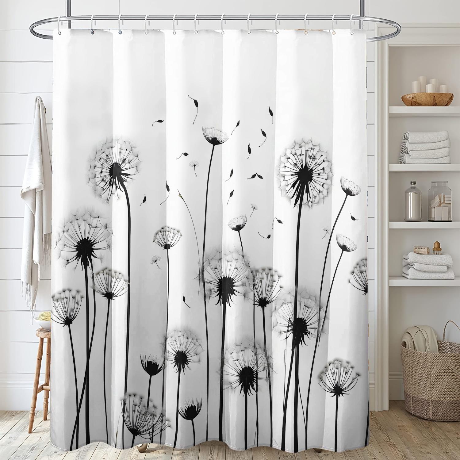 

1 Elegant Black And White Dandelion Print Shower Curtain - Polyester, Machine Washable, Suitable For All Seasons, With Hooks W60H190(CM)-1 Pcs