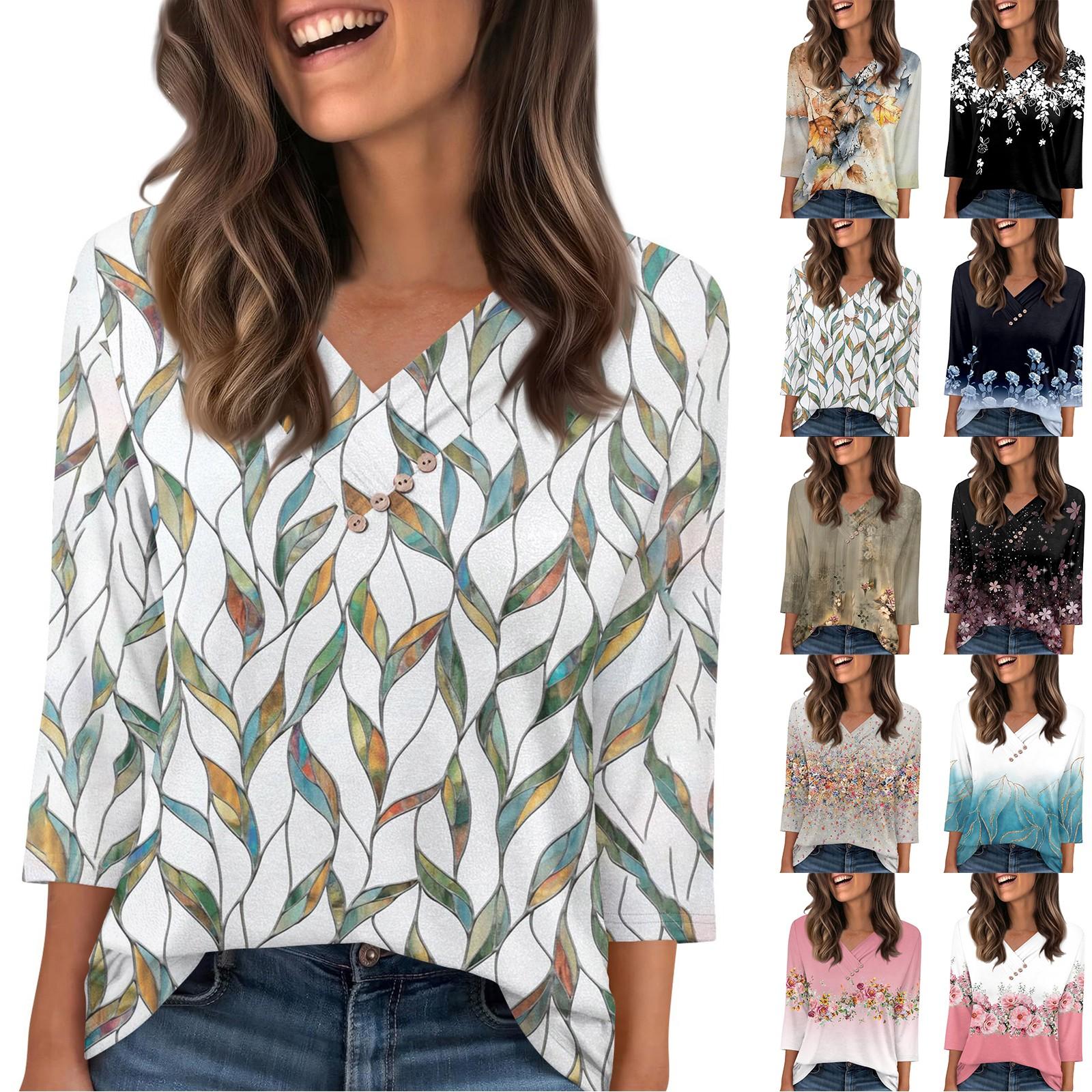 

Women s T Shirt Tee Button 3/4 Sleeve Tunic Daily Weekend Fashion Basic V- Neck Regular Top XL